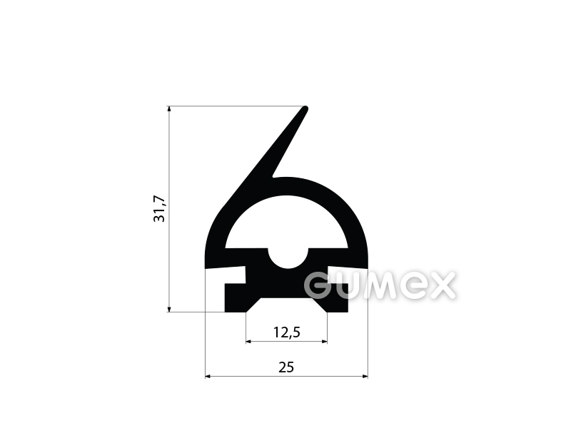 Geformtes Gummiprofil mit Loch, 31,7x25mm, Länge 5500mm, 60°ShA, EPDM, -40°C/+100°C, schwarz, 